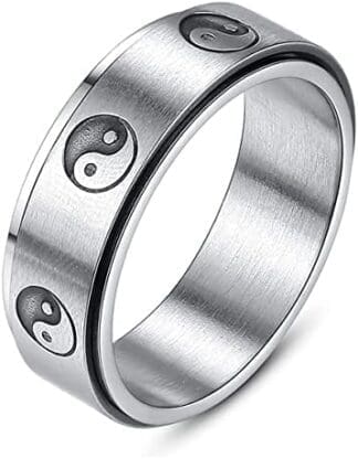 Anillos Tradicionales Chinos Ying Yang para Hombres Mujer 8MM Negro Giratorio exorcismo de Acero Inoxidable chismes joyería de oración Masculina