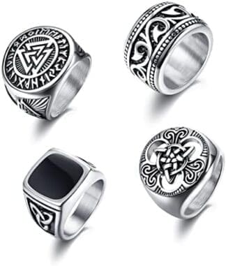 KALVICA 4 Piezas Anillos Hombre Signet Acero Inoxidable Set Anillos de Grande Vintage Anillo Vikingo Tamaño del Anillo 17-30(US 7-13)