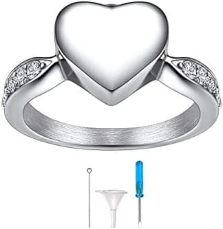 Richsteel Porta Cenizas Anillo Corazon con Recuerdo Nombre Personalizable Acero Inoxidable/Dorado/Negro, Varias Tallas para Dedos, Viene con Accesorios para Meter Cenizas