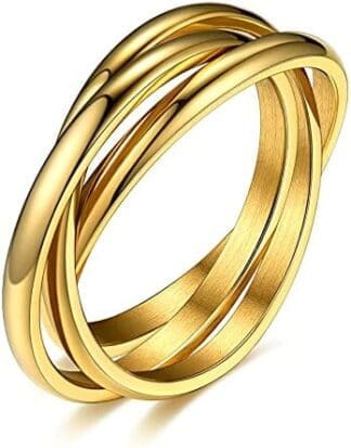 Bestyle Anillos Entrelazados Acero Inoxidable, Anillo Triple Entrelazado 9 Tamaños, Anillo Mujer Hombre de Boda, Anillos Pareja de Color Plateado, Dorado, Negro, Oro Rosa, Tricolor, Arcoíris