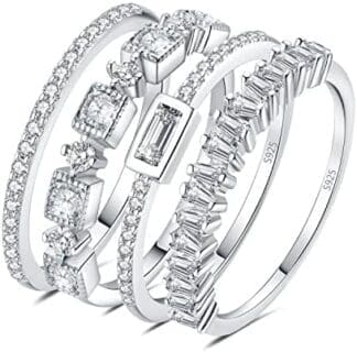 JewelryPalace 4Pcs Anillos Mujer Plata Oro 14k Oro Rosa, Banda de Boda Fino Apilable Circonitas, Anillos Niñas Media Eternidad, Anillo Promesa Clásico con Piedras, Conjunto Anillos Joyas de Mujer