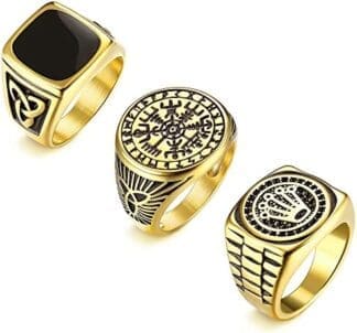 YADOCA 3PCS Anillo de Acero Inoxidable para Hombres Mujeres Grandes Anchos Cuadrado Grabado Oro Anillo Corona Brújula Vintage Rock Gotico Anillos Joyeria Anillos de Compromiso para Hombres