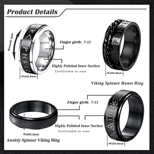 KALVICA 4 Piezas Anillos Hombre Mujeres Acero Inoxidable Anillos Giratorio Vikingo Runas Celtas Anillo de Cadena Negro Tamaño del Anillo 14-30(US7-13) - Imagen 2