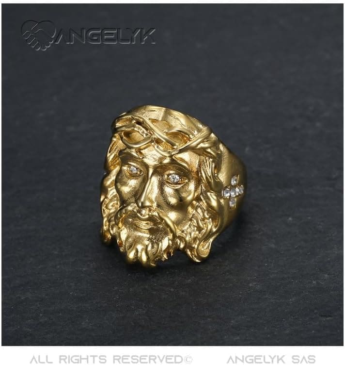 BOBIJOO JEWELRY - Anillo, Sello, Cara de Cristo, Acero Inoxidable, Diamantes Falsos Chapados en Oro - Imagen 3