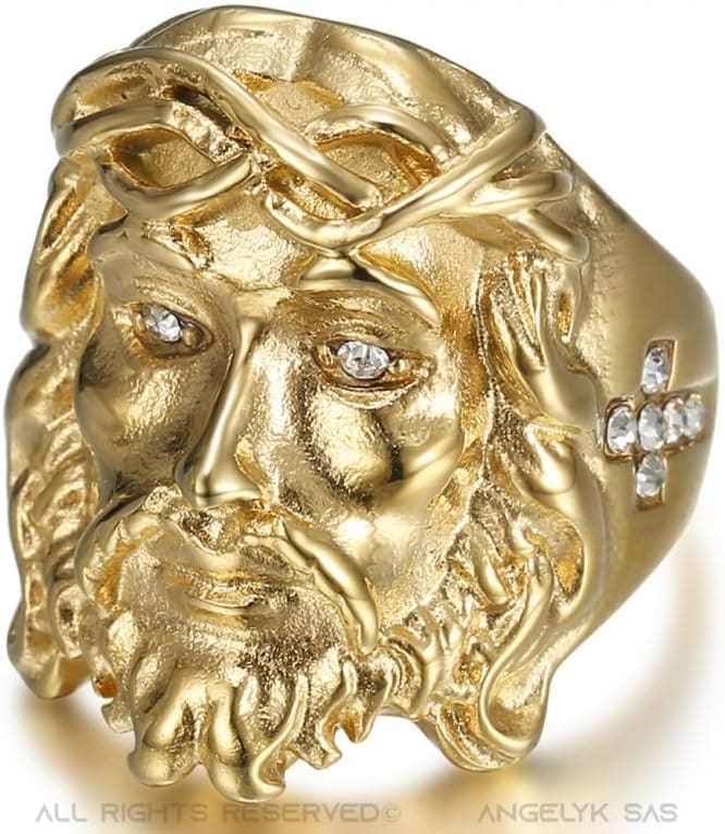 BOBIJOO JEWELRY - Anillo, Sello, Cara de Cristo, Acero Inoxidable, Diamantes Falsos Chapados en Oro - Imagen 2