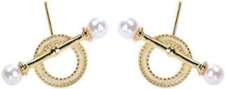 AdronQ Pendientes De Clip Aros Pendientes Geométricos De Círculo Y Línea para Mujer Pendientes De Plata 925 Pendientes De Perla De Concha Dorada con Textura De Oro