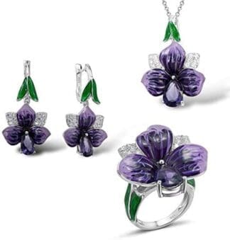 AdronQ®  Conjunto de Joyas Esmalte Grandes y encantadores Anillos de Flores púrpuras Pendientes Conjunto Pendiente 925 Joyería de Plata esterlina de Moda
