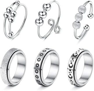LOLIAS 6PCS Anillo de Ansiedad para Mujeres Hombres Anillo Giratorio con Cuentas Anillos de Banda Luna Estrella Fidget Ansiedad Anillo de Cuentas para Ansiedad Anillo de Estrés Anillos