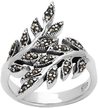 Silverly Anillo Mujeres en Plata de Ley .925 Oxidado Marcasita Simulado Cruce Rama Hoja Venda