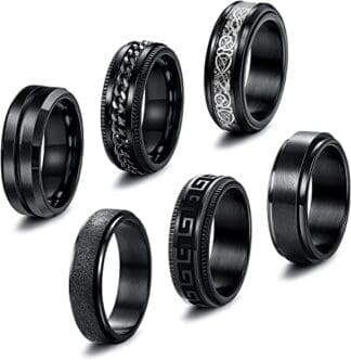LOLIAS 6 Piezas Anillos para Hombre Anillos Acero Inoxidable Negro para Hombre Anillos Banda Ancha Anillo Cadena Giratoria Trenzada Anillo Compromiso Boda Anillos Vintage