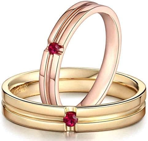 KnSam Anillo Oro de 18K, Línea Forma Anillo de Bodas con Rubí Rojo 0.05ct, Anillo de Hombre Anillo de Mujer (Precio por 2 Anillos)