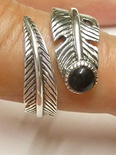 Anillo de plata de ley con diseño de pluma de alma, ónix, tamaño 62, de plata de ley, unisex, Plata, Ónix - Imagen 2