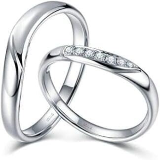 KnSam Anillo Oro Blanco de 18K, Distortion Anillo de Bodas con Diamante, Anillo de Hombre Anillo de Mujer (Precio por 2 Anillos)