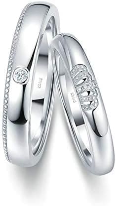 KnSam Anillo Oro blanco de 18K, Corona de Reina Rey Anillo de Bodas con Diamante Blanco 0.017ct, Anillo de Hombre Anillo de Mujer (Precio por 2 Anillos)