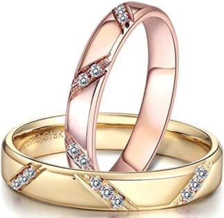 KnSam Anillo Oro de 18K, Redondo Forma Anillo de Bodas con Diamante Blanco 0.09ct, Anillo de Hombre Anillo de Mujer (Precio por 2 Anillos)